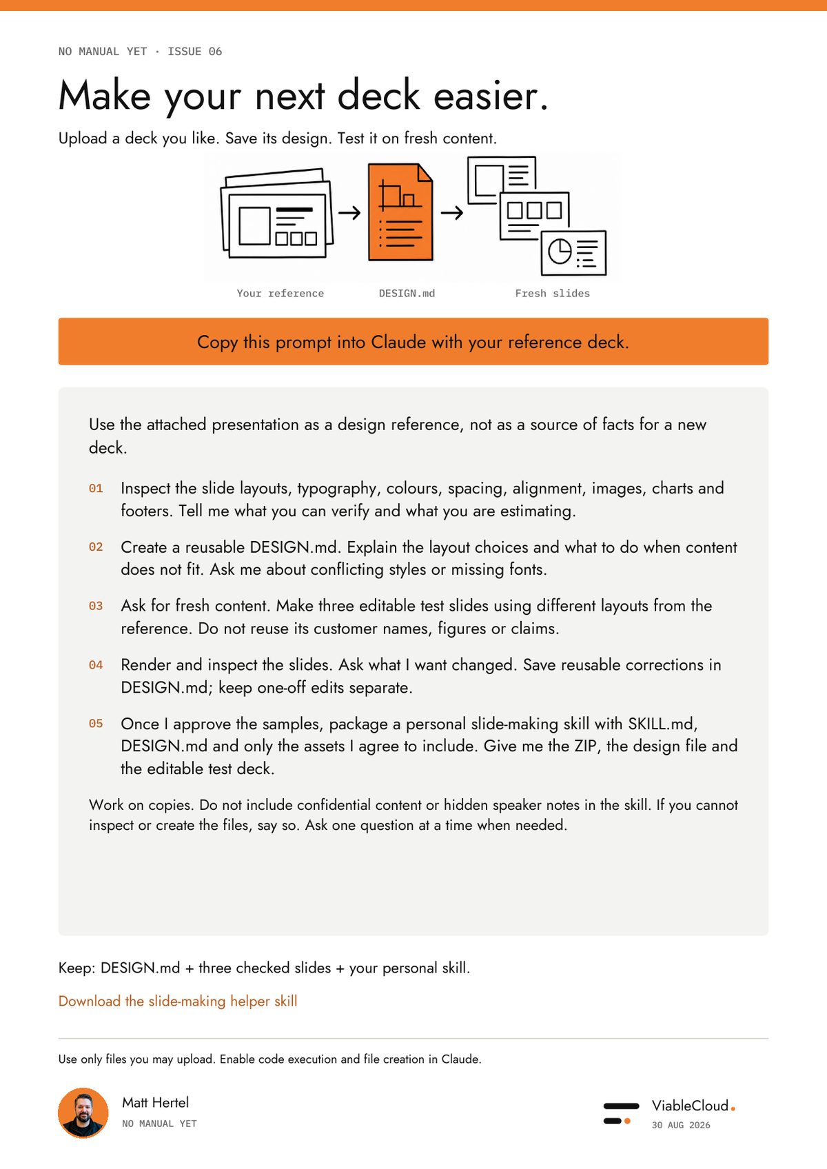 A one-page prompt for turning a reference presentation into reusable design rules, three checked slides and a personal slide-making skill.