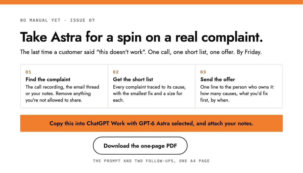 A one-page prompt for turning a customer complaint into a short list of causes and a one-line offer. Click to get the PDF.
