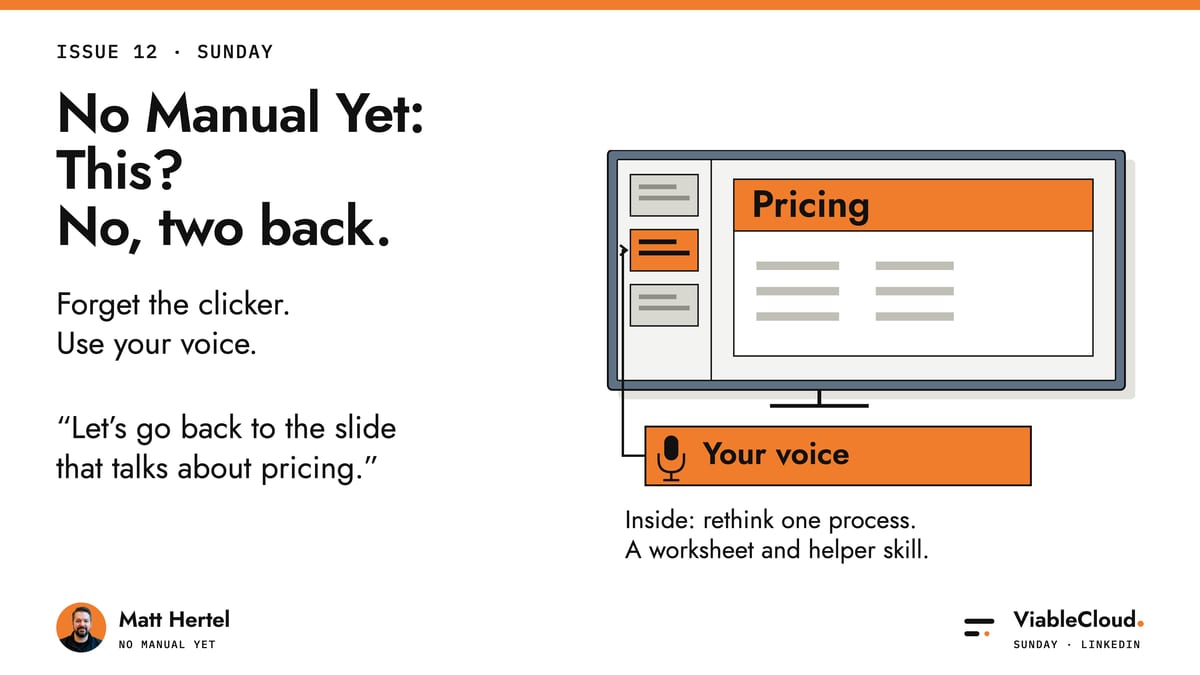 No Manual Yet, Issue 12: This? No, two back. A spoken request selects the pricing slide. Matt Hertel and ViableCloud series footer.