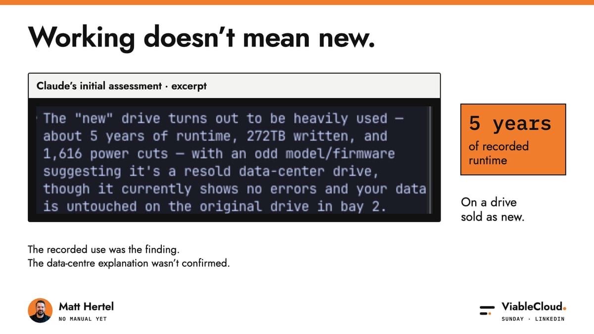 Working does not mean new: Claude reports five years of use on the drive sold as new.
