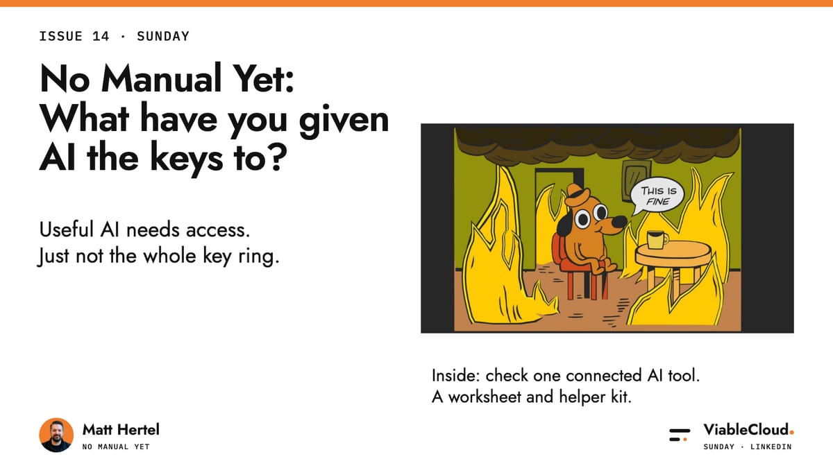 No Manual Yet: What have you given AI the keys to? Subheading: Useful AI needs access. Just not the whole key ring. The supplied This is fine picture sits on the right above the Inside caption, with the standard Matt Hertel and ViableCloud footer.