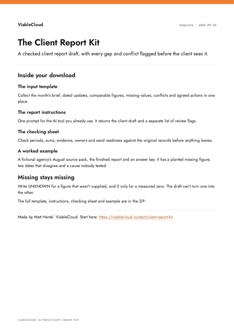 Preview of the Client Report Kit: input template, report instructions, checking sheet and worked example.