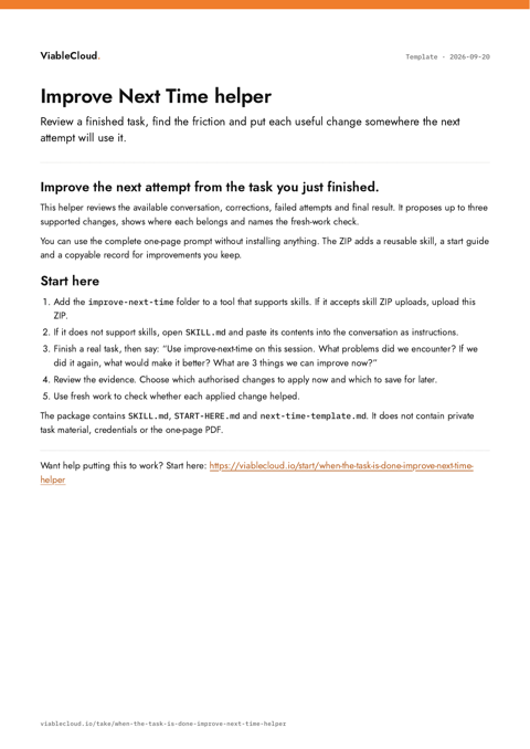 Improve Next Time helper: the review method, installation steps and the three files included in the ZIP.