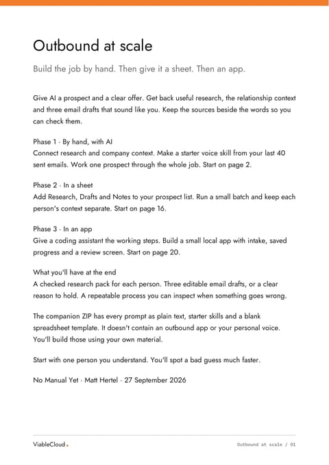 Page one of Outbound at scale: the build guide