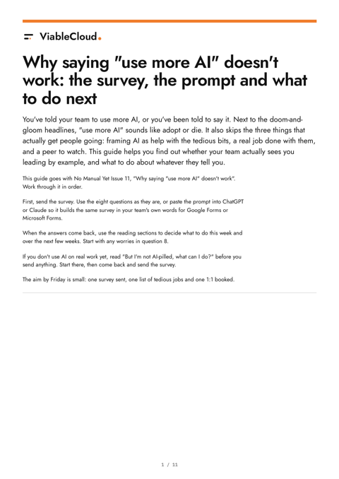 Page one of Why saying "use more AI" doesn't work: the survey, the prompt and what to do next