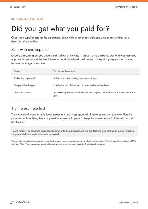 Page one of Check a supplier bill against the agreement