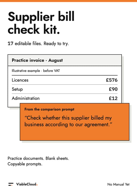 Supplier bill check kit: an illustrative invoice and an excerpt from the comparison prompt, with 17 editable files.