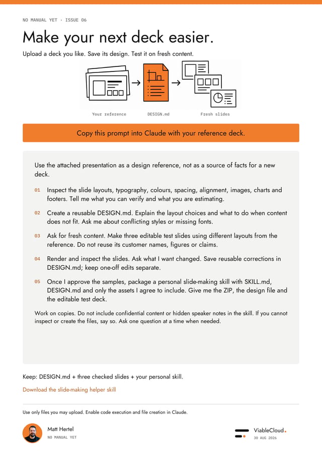 A one-page prompt for turning a reference presentation into reusable design rules, three checked slides and a personal slide-making skill.
