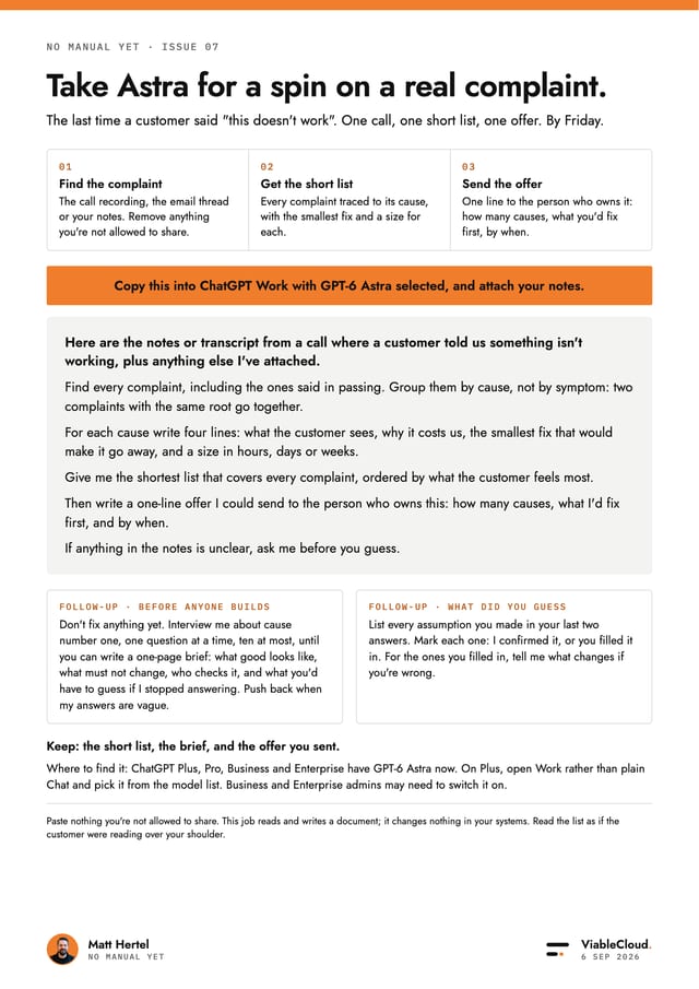 A one-page prompt for turning a customer complaint into a short list of causes and a one-line offer.