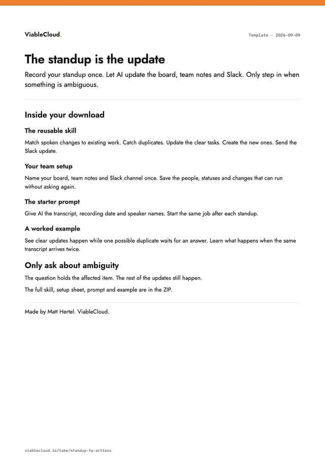 Preview of the Standup to Actions kit: reusable skill, team setup, starter prompt and worked example.