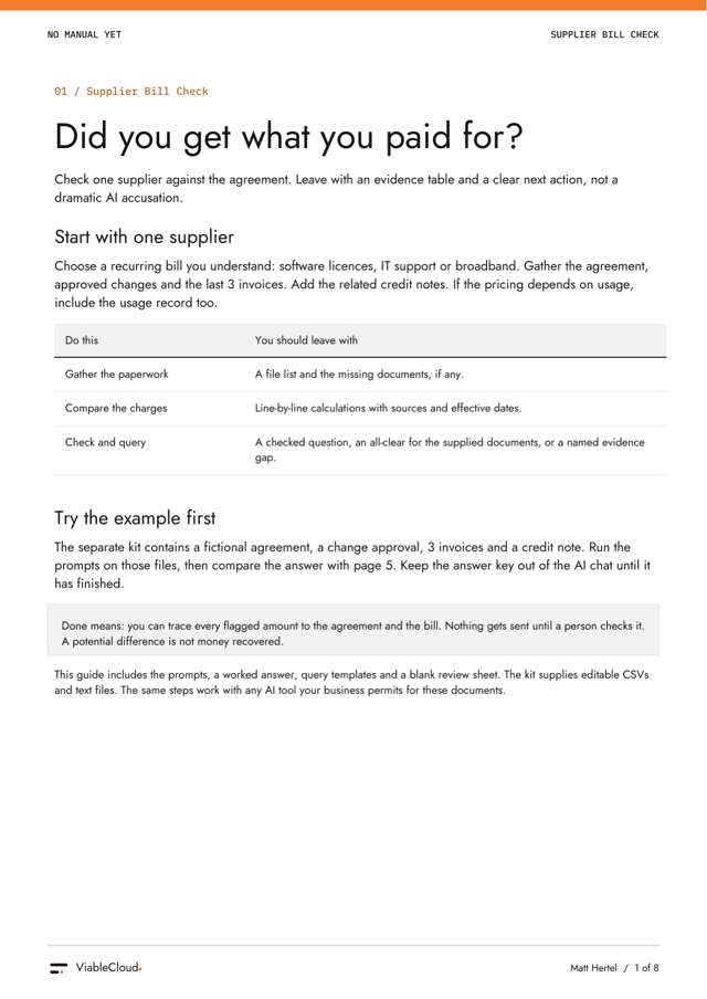 Page one of Check a supplier bill against the agreement