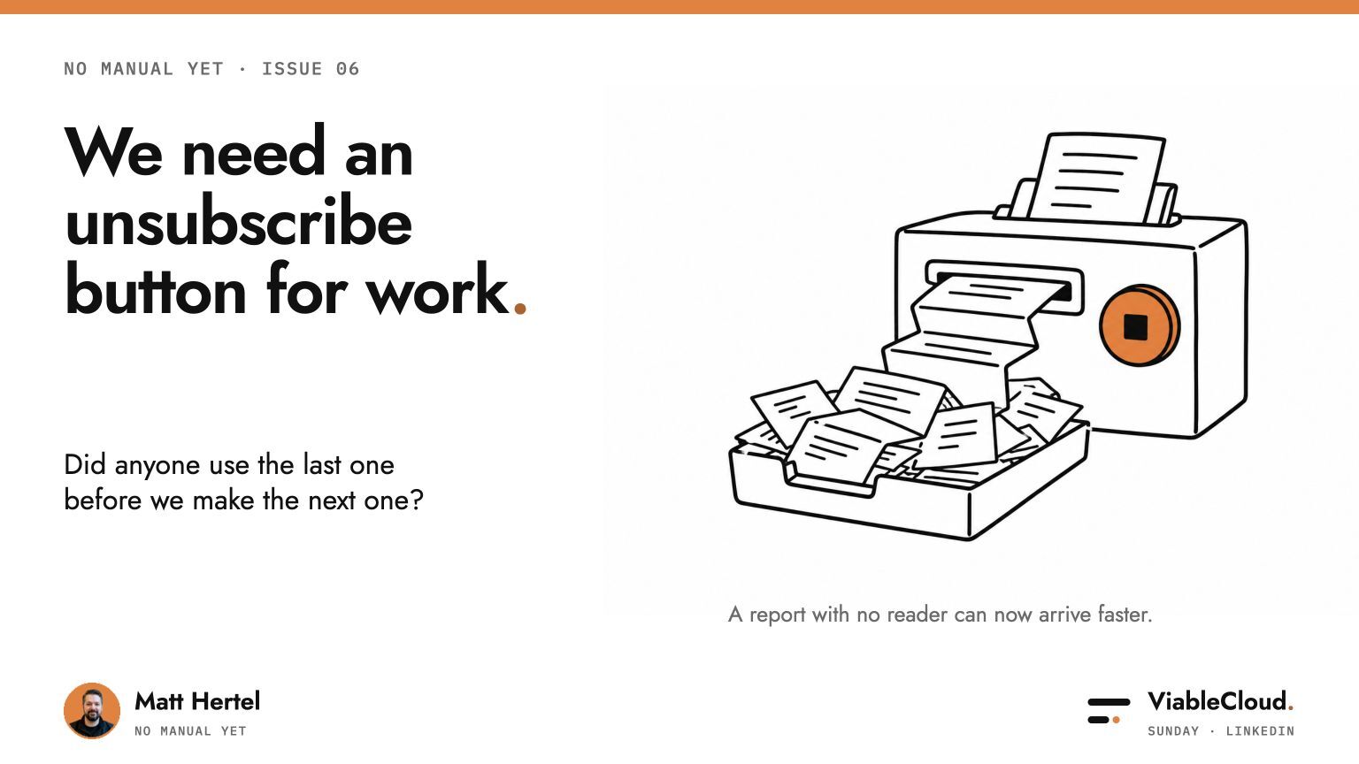 A report printer with an overflowing tray and an orange stop button.