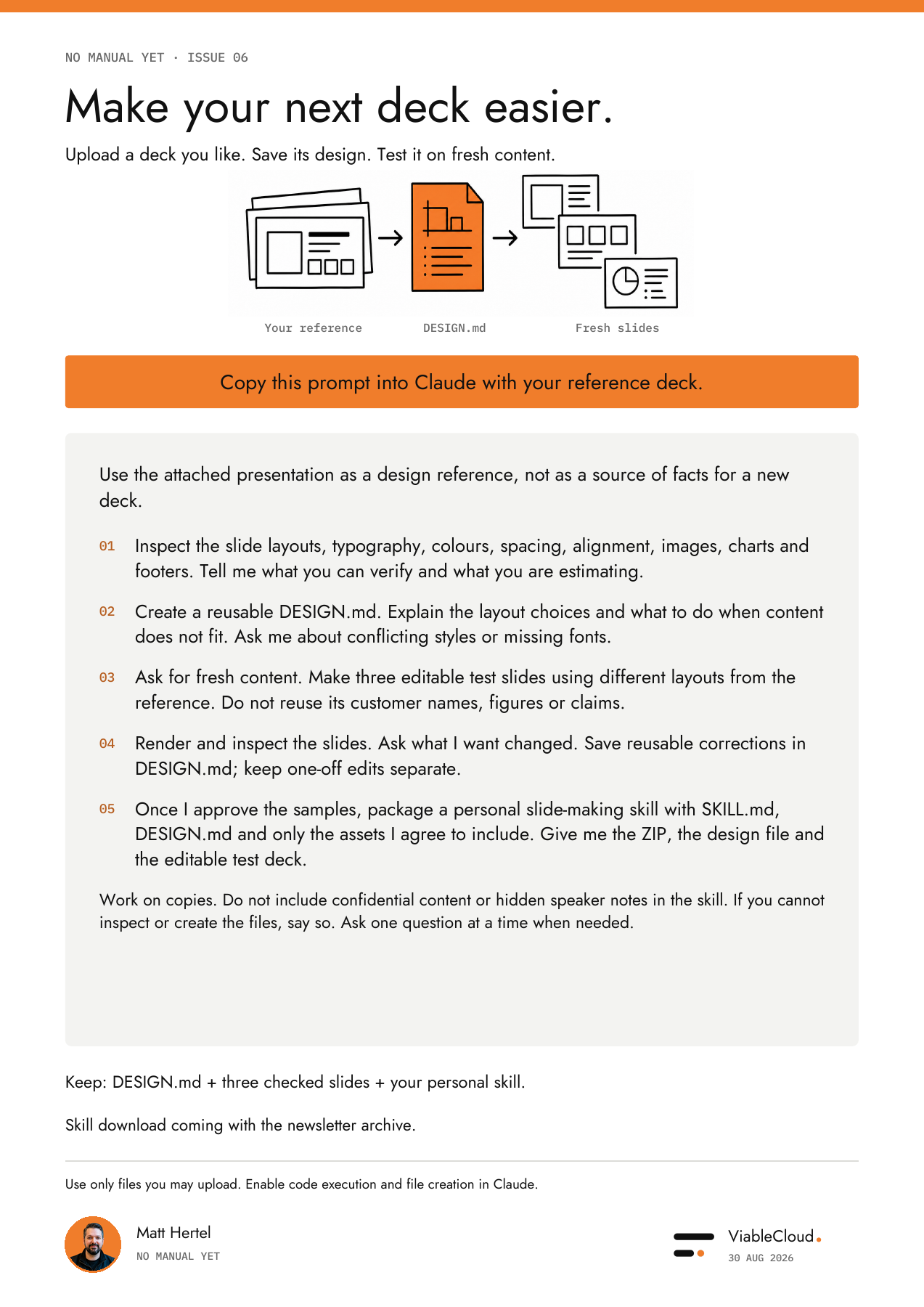A one-page prompt for turning a reference presentation into reusable design rules, three checked slides and a personal slide-making skill.
